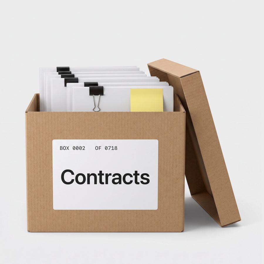 File box labeled Box 0002 of 0718, Contracts, filled with clipped documents